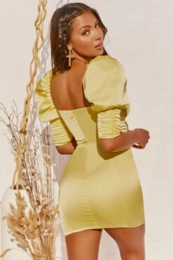 Puff Shoulder Satin Mini Dress In Yellow 21 Puff Shoulder Satin Mini Dress In Yellow -Pretty Dresses Sales 2980 10 fall for love yellow small balloon sleeve ruched lace up detail satin mini dress