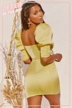 Puff Shoulder Satin Mini Dress In Yellow 23 Puff Shoulder Satin Mini Dress In Yellow -Pretty Dresses Sales 2980 10 fall for love yellow small balloon sleeve ruched lace up detail satin mini dress 1