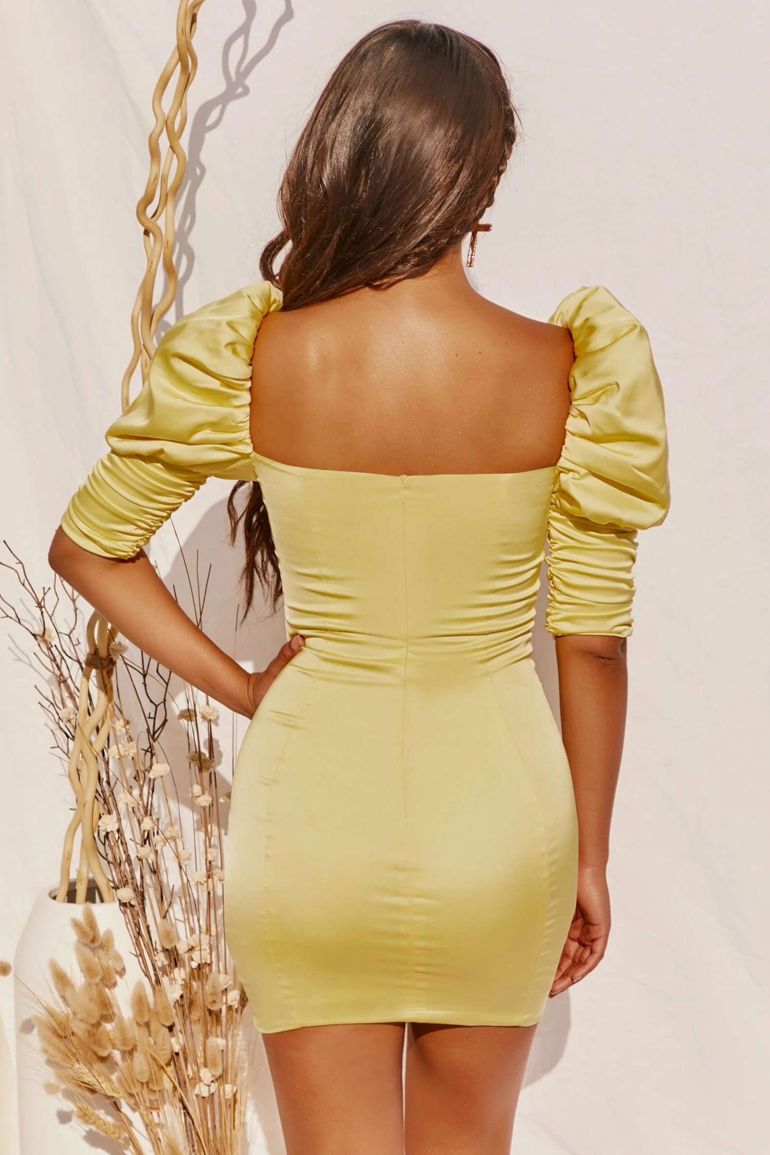 Puff Shoulder Satin Mini Dress In Yellow 2 Puff Shoulder Satin Mini Dress In Yellow - Image 2