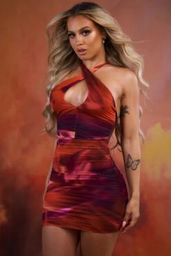 Crossover Ruched Mesh Mini Dress In Orange -Pretty Dresses Sales 3940 4 out of this world orange tie dye mesh key hole wrapped front ruched mini dress 1