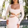 Cut Out Long Sleeve Mini Dress In Cream