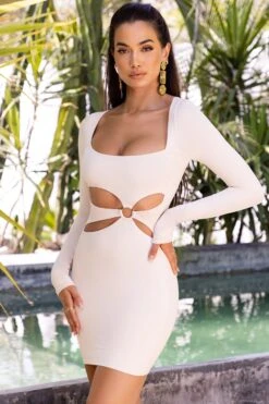 Cut Out Long Sleeve Mini Dress In Cream -Pretty Dresses Sales 4051 4 sunset haven cream cut open front hoop detailing long sleeve mini dress
