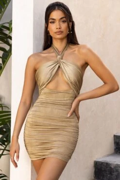 Knot Detail Cut Out Ruched Mini Dress In Stone -Pretty Dresses Sales 4191 9 its knot too late stone bust flattering 4