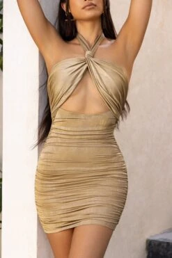 Knot Detail Cut Out Ruched Mini Dress In Stone -Pretty Dresses Sales 4191 9 its knot too late stone bust flattering 8