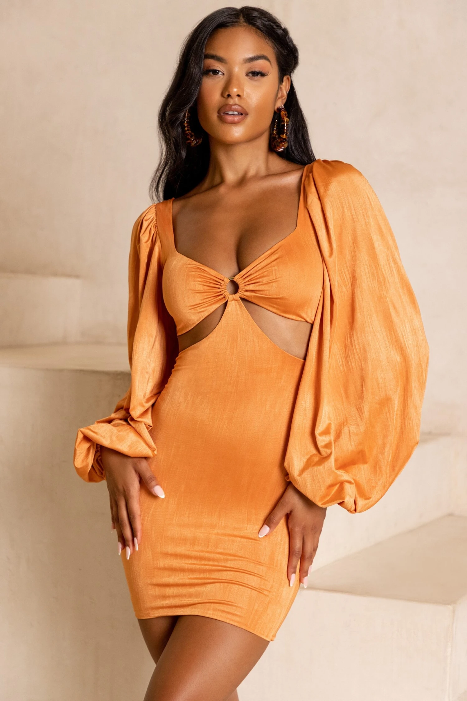 Balloon Sleeve Cut Out Mini Dress In Caramel 5 Balloon Sleeve Cut Out Mini Dress In Caramel - Image 5