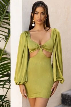 Balloon Sleeve Cut Out Mini Dress In Olive 12 Balloon Sleeve Cut Out Mini Dress In Olive -Pretty Dresses Sales 4193 1 midnight oasis olive bust flattering lazer cut detail front long sleeve mini dress