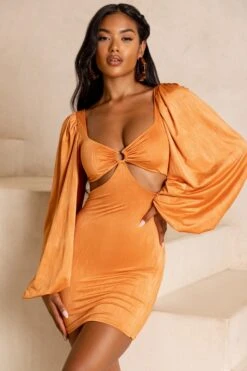Balloon Sleeve Cut Out Mini Dress In Caramel