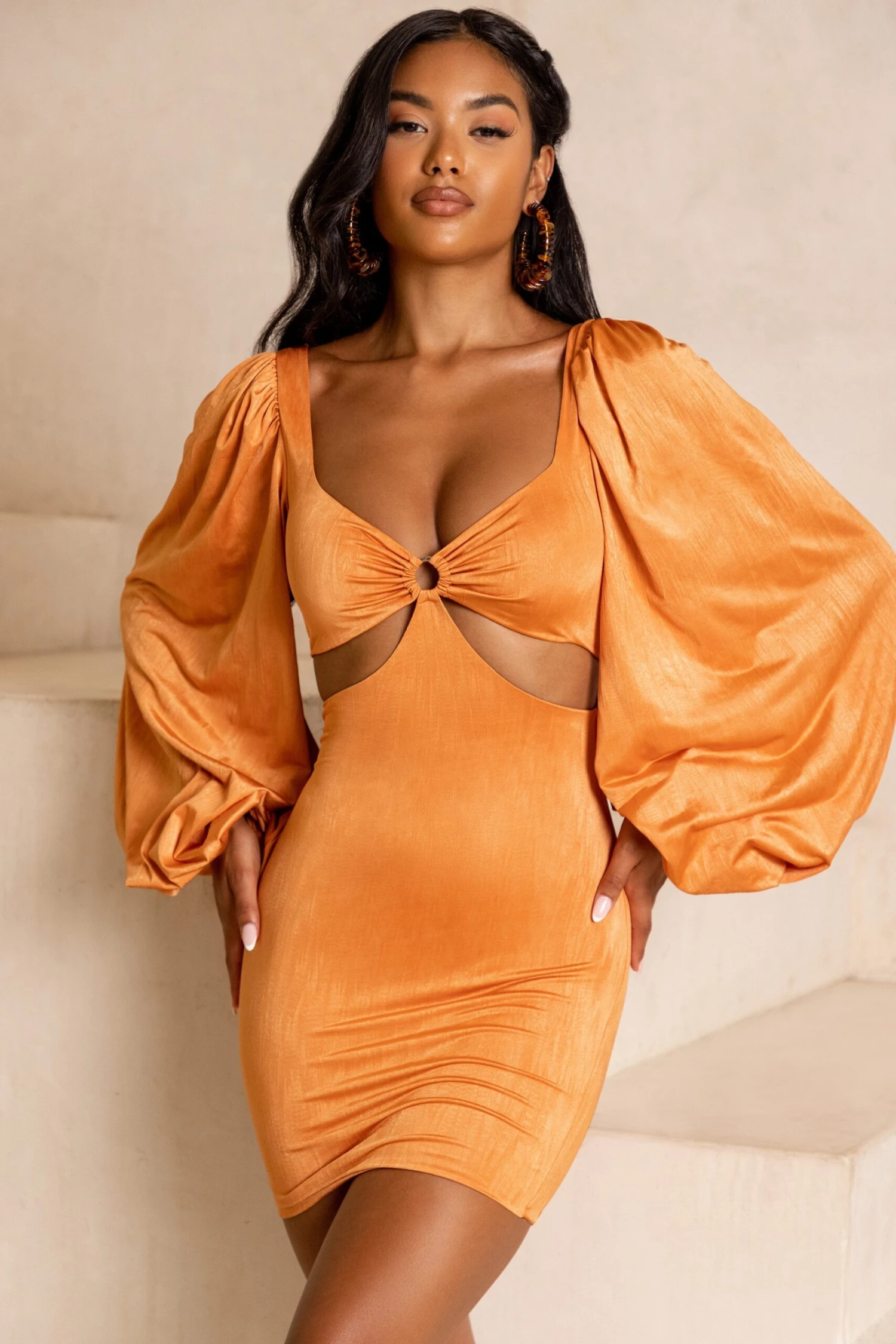 Balloon Sleeve Cut Out Mini Dress In Caramel 7 Balloon Sleeve Cut Out Mini Dress In Caramel - Image 7