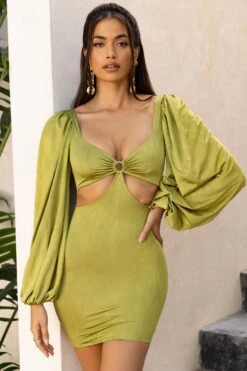 Balloon Sleeve Cut Out Mini Dress In Olive 13 Balloon Sleeve Cut Out Mini Dress In Olive -Pretty Dresses Sales 4193 3 midnight oasis olive bust flattering lazer cut detail front long sleeve mini dress