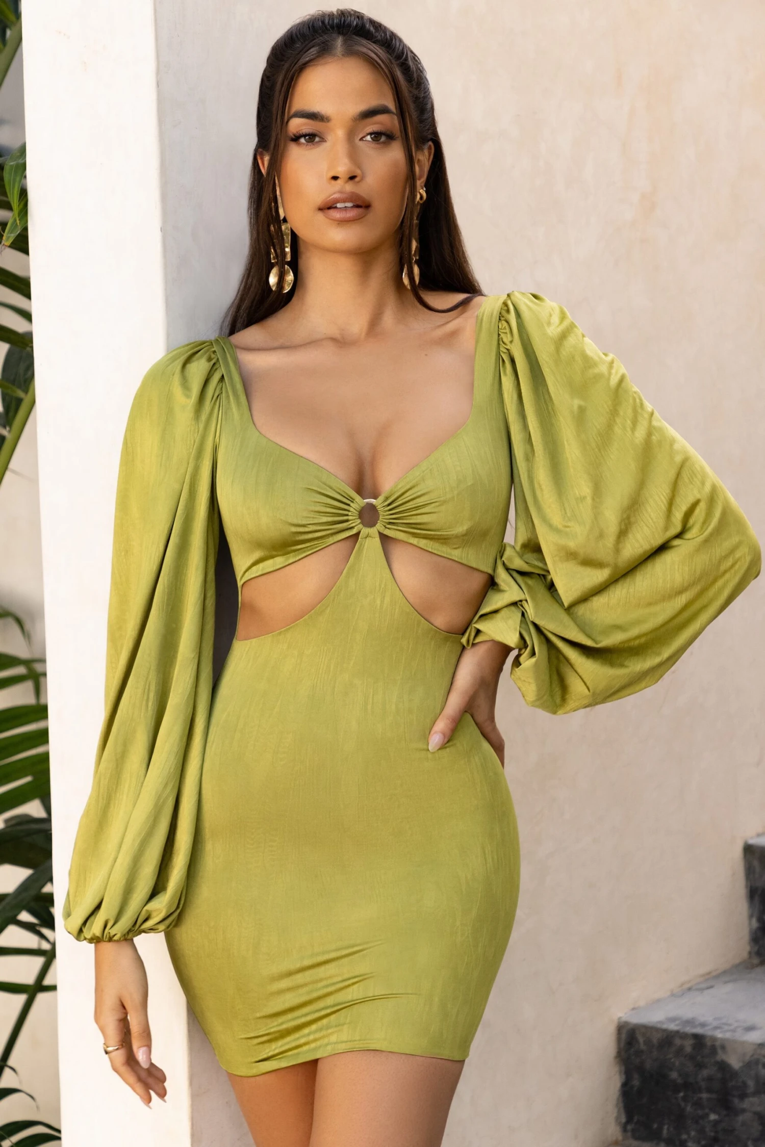 Balloon Sleeve Cut Out Mini Dress In Olive 6 Balloon Sleeve Cut Out Mini Dress In Olive - Image 6