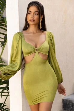 Balloon Sleeve Cut Out Mini Dress In Olive 14 Balloon Sleeve Cut Out Mini Dress In Olive -Pretty Dresses Sales 4193 4 midnight oasis olive bust flattering lazer cut detail front long sleeve mini dress