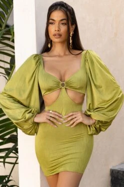Balloon Sleeve Cut Out Mini Dress In Olive 15 Balloon Sleeve Cut Out Mini Dress In Olive -Pretty Dresses Sales 4193 5 midnight oasis olive bust flattering lazer cut detail front long sleeve mini dress