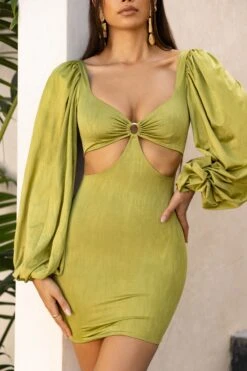 Balloon Sleeve Cut Out Mini Dress In Olive 11 Balloon Sleeve Cut Out Mini Dress In Olive -Pretty Dresses Sales 4193 6 midnight oasis olive bust flattering lazer cut detail front long sleeve mini dress