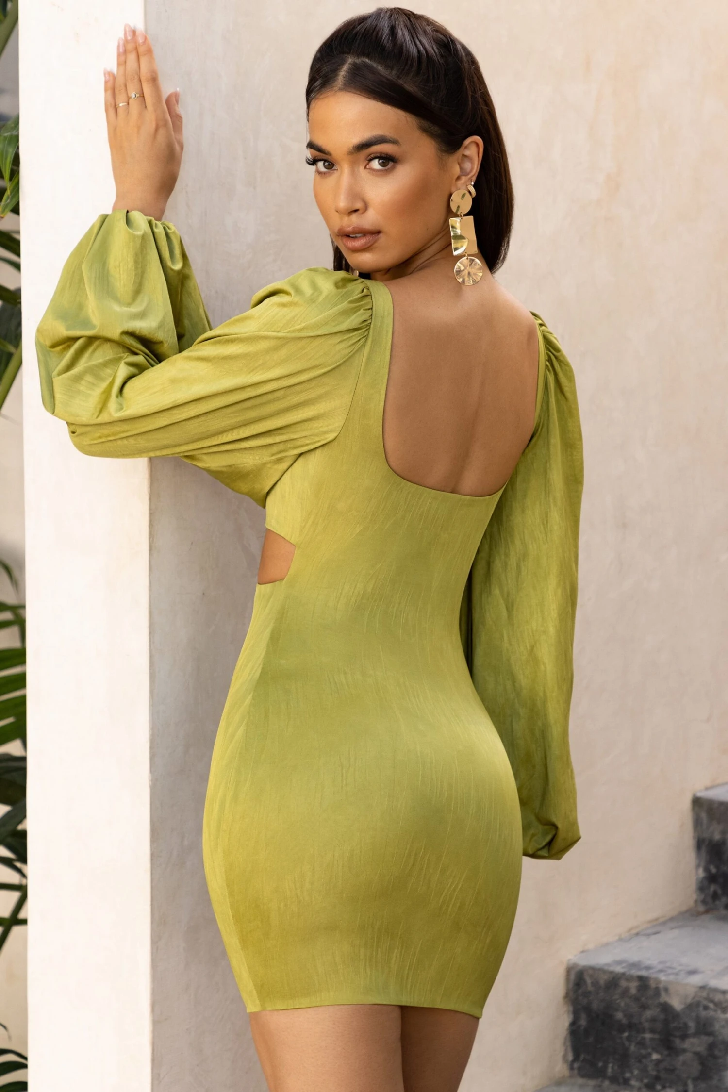 Balloon Sleeve Cut Out Mini Dress In Olive 2 Balloon Sleeve Cut Out Mini Dress In Olive - Image 2