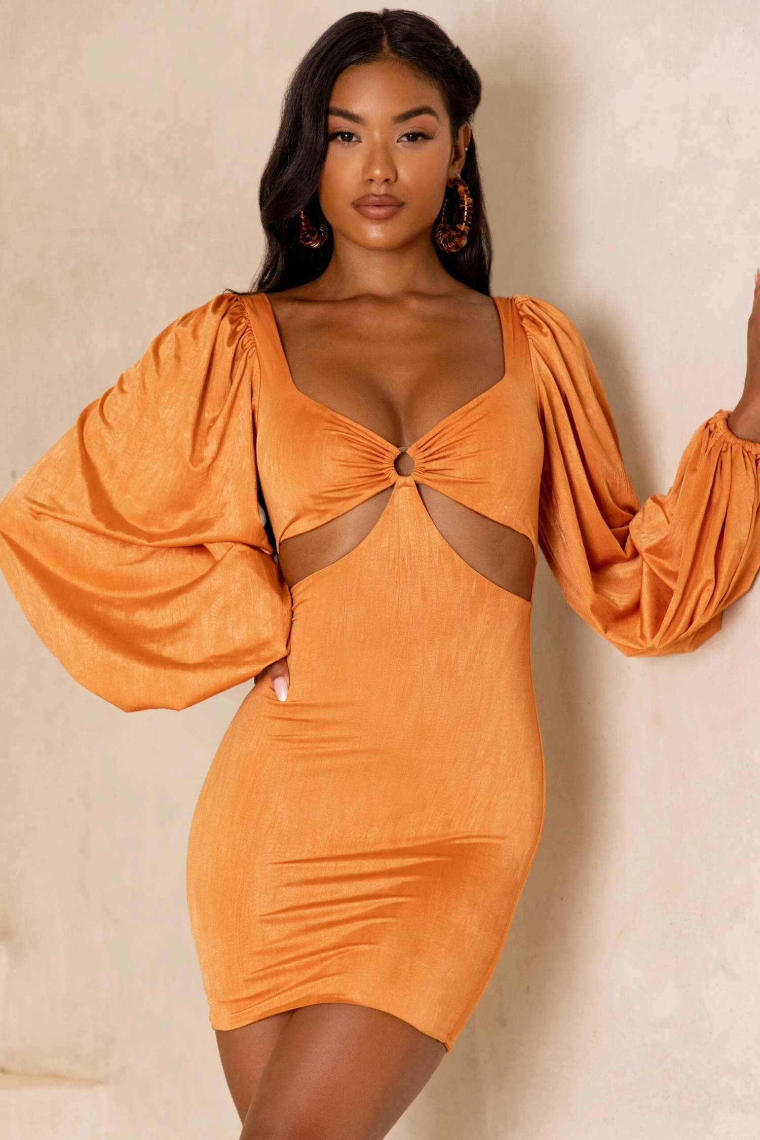 Balloon Sleeve Cut Out Mini Dress In Caramel 8 Balloon Sleeve Cut Out Mini Dress In Caramel - Image 8