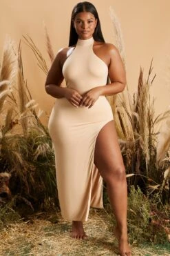 High Neck Maxi Dress In Beige -Pretty Dresses Sales 4228 1 the long run beige halter neck side split maxi dress