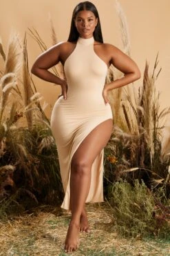 High Neck Maxi Dress In Beige