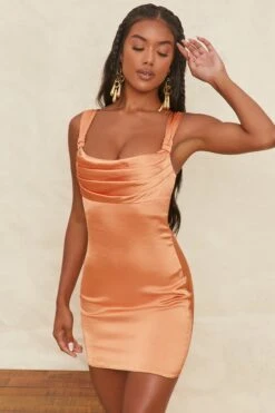 Knot Strap Cowl Mini Dress In Caramel 17 Knot Strap Cowl Mini Dress In Caramel -Pretty Dresses Sales 4300 1 knot a mirage caramel cowl neck bust flattering satin mini dress