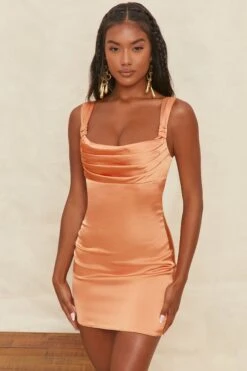 Knot Strap Cowl Mini Dress In Caramel 16 Knot Strap Cowl Mini Dress In Caramel -Pretty Dresses Sales 4300 3 knot a mirage caramel cowl neck bust flattering satin mini dress