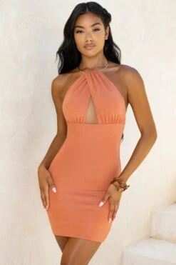Keyhole Halter Neck Mini Dress In Rust -Pretty Dresses Sales 4306 2 desert love rust cut out metal halter neck detail mini dress