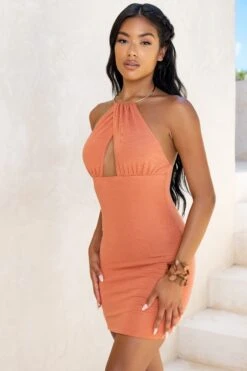 Keyhole Halter Neck Mini Dress In Rust -Pretty Dresses Sales 4306 7 desert love rust cut out metal halter neck detail mini dress