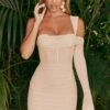 Mesh Asymmetric Off Shoulder Mini Dress In Cream