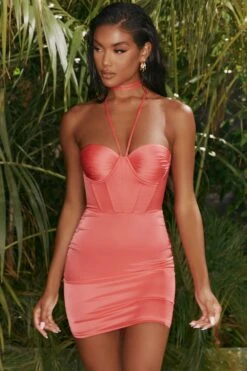Satin Corset Mini Dress In Pink -Pretty Dresses Sales 4322 2 its complicated pink structured halter neck bust flattering satin mini dress