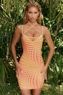 Cross Neck Printed Mesh Mini Dress In Orange 13 Cross Neck Printed Mesh Mini Dress In Orange -Pretty Dresses Sales 4325 2 stand out orange print cross over front abstract print mini dress