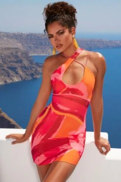 Asymmetric Keyhole Mini Dress In Pink Print