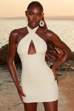 Crochet Wrap Neck Mini Dress In Ivory