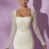 Long Sleeve Mesh Corset Mini Dress In White