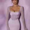 Long Sleeve Mesh Corset Mini Dress In Lilac