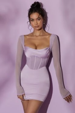 New Release 21 Long Sleeve Mesh Corset Mini Dress In Lilac