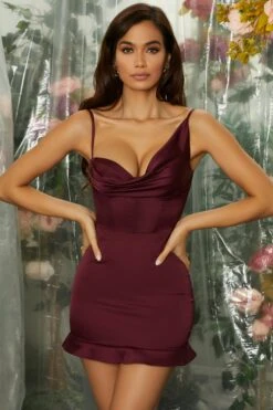 Pleated Hemline Corset Mini Dress In Wine