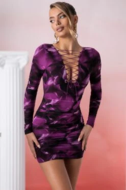 Lace Up Long Sleeve Mini Dress In Multi Print