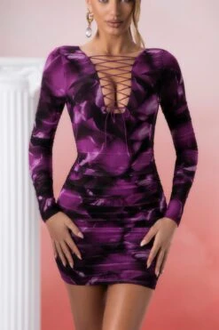 Lace Up Long Sleeve Mini Dress In Multi Print -Pretty Dresses Sales 5023 5 pragma multi long sleeve lace up printed bodycon mini dress