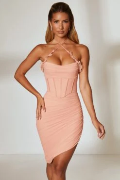 Asymmetric Hem Halter Neck Corset Midi Dress In Blush -Pretty Dresses Sales 5374 3 Belladonna Blush Asymmetric Hem Corset Dress