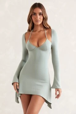 Long Sleeve Asymmetric Hem Mini Dress In Sage -Pretty Dresses Sales 5416 1 Sage Long Sleeve Mini Dress Asymmetric Hem And Side Splits