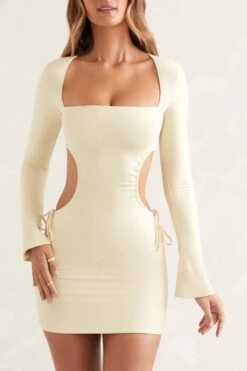 Long Sleeve Cut Out Mini Dress In Ivory 10 Long Sleeve Cut Out Mini Dress In Ivory -Pretty Dresses Sales 5425 4 Hari Ivory Straight Neckline Mini Dress