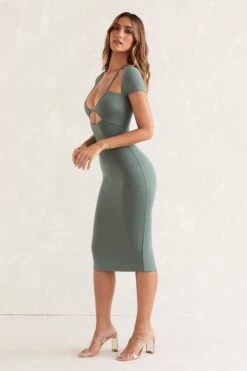 Cap Sleeve Cut Out Midi Dress In Green -Pretty Dresses Sales 5450 2 Green cap sleeve midi flared hem