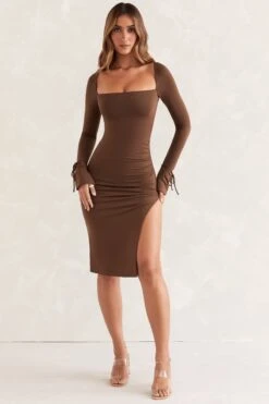 Square Neck Long Sleeve Midi Dress In Brown -Pretty Dresses Sales 5468 1 Sawyer Brown Square Neck Long Sleeve Ruched Mid Dress