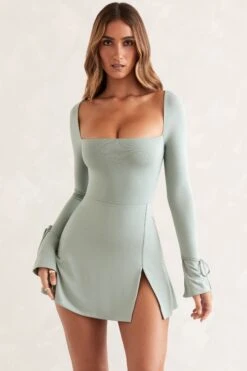 Square Neck Long Sleeve Mini Dress In Sage 13 Square Neck Long Sleeve Mini Dress In Sage -Pretty Dresses Sales 5469 1 Baize Sage Square Neck Long Sleeve Mini Dress