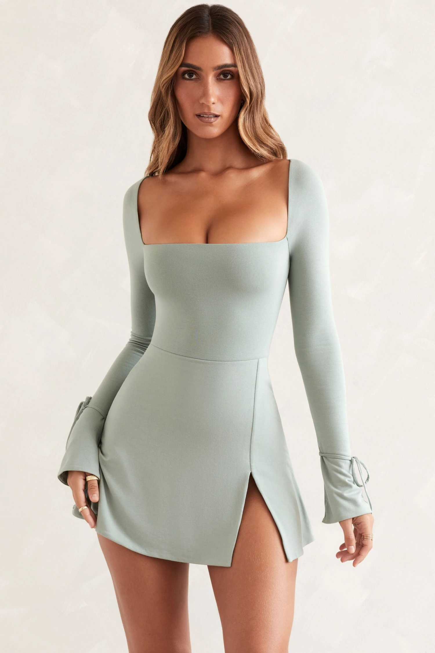 Square Neck Long Sleeve Mini Dress In Sage 7 Square Neck Long Sleeve Mini Dress In Sage - Image 7