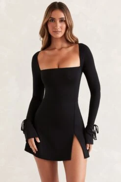 Square Neck Long Sleeve Mini Dress In Black -Pretty Dresses Sales 5469 2 Baize Black Square Neck Long Sleeve Mini Dress