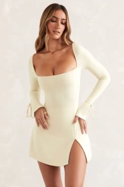 Square Neck Long Sleeve Mini Dress In Ivory 12 Square Neck Long Sleeve Mini Dress In Ivory -Pretty Dresses Sales 5469 2 Baize Ivory Square Neck Long Sleeve Mini Dresscopy