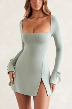 Square Neck Long Sleeve Mini Dress In Sage 10 Square Neck Long Sleeve Mini Dress In Sage -Pretty Dresses Sales 5469 2 Baize Sage Square Neck Long Sleeve Mini Dress