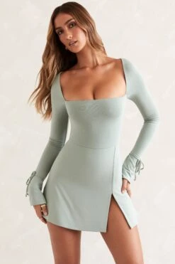 Square Neck Long Sleeve Mini Dress In Sage