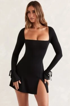 Square Neck Long Sleeve Mini Dress In Black -Pretty Dresses Sales 5469 4 Baize Black Square Neck Long Sleeve Mini Dress