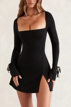 Square Neck Long Sleeve Mini Dress In Black -Pretty Dresses Sales 5469 5 Baize Black Square Neck Long Sleeve Mini Dress