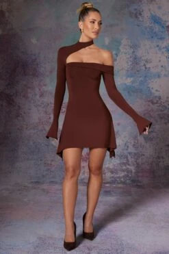 Asymmetric High Neck Mini Dress In Brown -Pretty Dresses Sales 5472 1 Katya Brown Asymmetric High Neck Dress